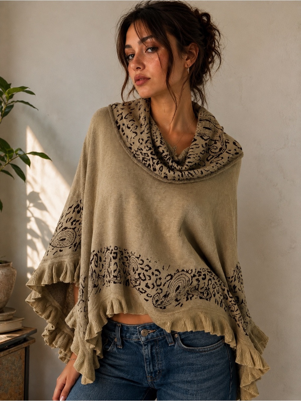 Boho Paisley Ruffle Poncho Sweater Cowl Neck Beige Ruana One Size Janice